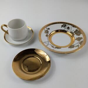 Gold White Tea Cup Set Porcelain Fitz & Floyd Chokin Floral 4 Piece Vintage Lot